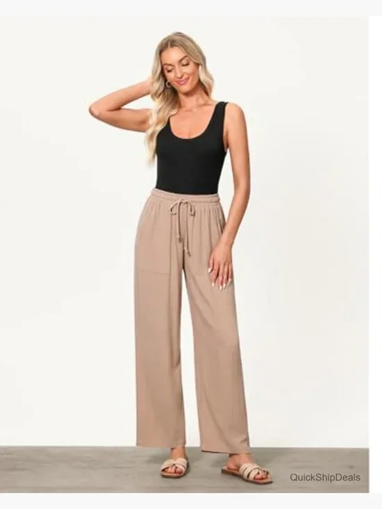 Linen Wide Leg Pants High Waisted Drawstring Elastic Waist Palazzo Trousers - Picture 6 of 7